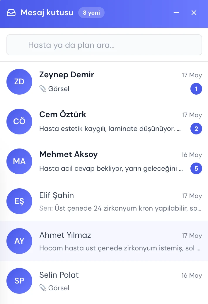 Temsilci ve doktor mesaj kutusu ve geçmişi